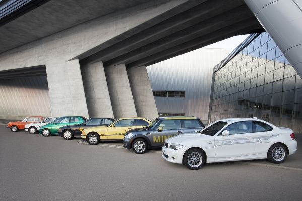 Row of BMW electric vehicles from past 40 years
